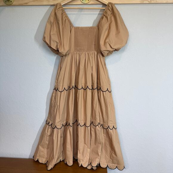 Women's English Factory Tan and Black Ruffle Tiered Smock Top Midi Dress Size S - Picture 6 of 9